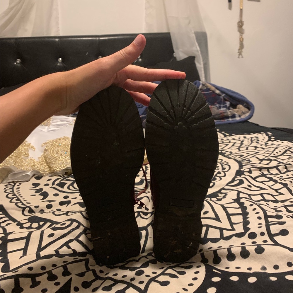 Maroon combat boots with gold zipper on the side. - Picture 3 of 4